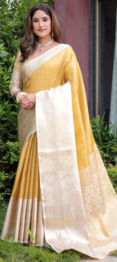 Yellow color Saree in Banarasi Silk fabric with Weaving, Zari work