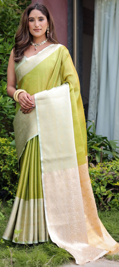 Green color Saree in Banarasi Silk fabric with Weaving, Zari work