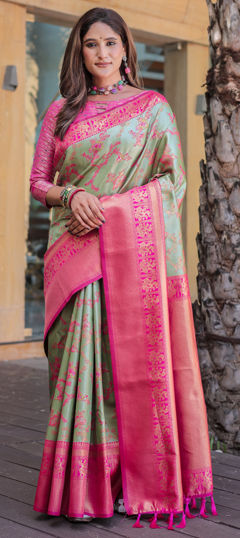 Green, Pink and Majenta color Saree in Silk fabric with Weaving, Zari work