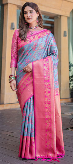 Black and Grey, Pink and Majenta color Saree in Silk fabric with Weaving, Zari work