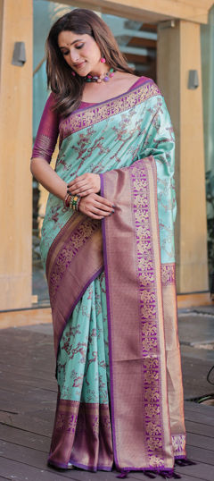 Blue, Purple and Violet color Saree in Silk fabric with Weaving, Zari work