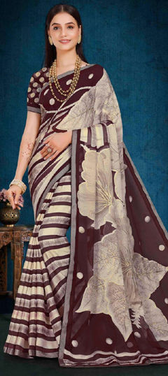 Beige and Brown color Saree in Brasso fabric with Printed work