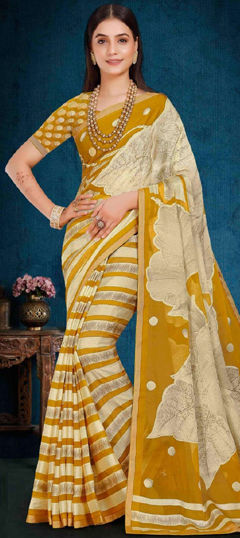 Beige and Brown, Yellow color Saree in Brasso fabric with Printed work