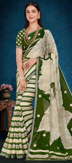 Beige and Brown, Green color Saree in Brasso fabric with Printed work