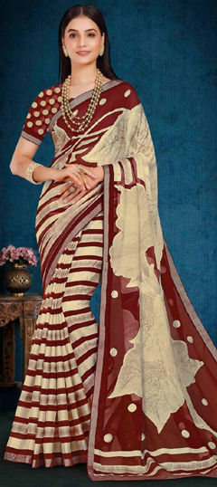 Beige and Brown, Red and Maroon color Saree in Brasso fabric with Printed work