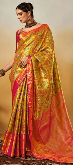 Gold color Saree in Silk fabric with Printed, Weaving work