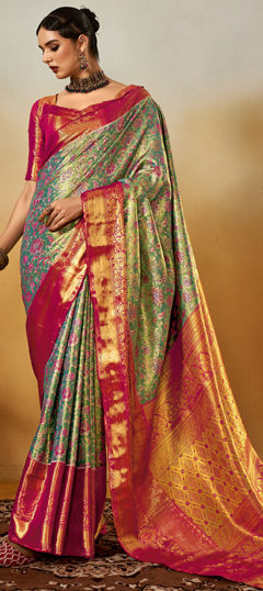 Green color Saree in Silk fabric with Printed, Weaving work