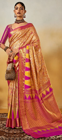 Beige and Brown color Saree in Silk fabric with Printed, Weaving work