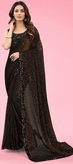 Beige and Brown color Saree in Lycra fabric with Sequence work