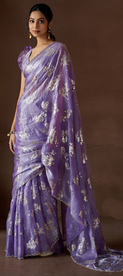 Purple and Violet color Saree in Satin Silk fabric with Printed, Stone work