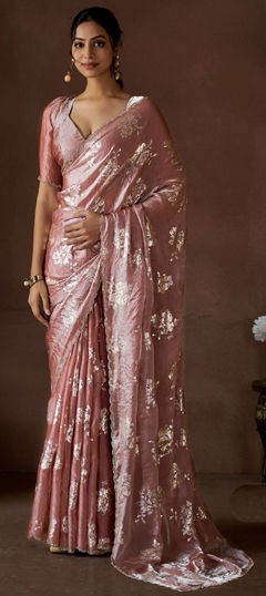 Pink and Majenta color Saree in Satin Silk fabric with Printed, Stone work