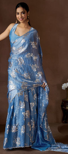 Blue color Saree in Satin Silk fabric with Printed, Stone work