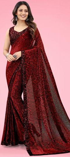 Red and Maroon color Saree in Lycra fabric with Sequence work