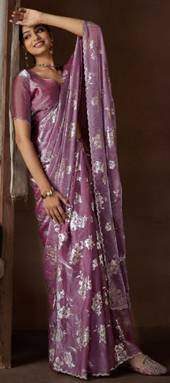 Pink and Majenta color Saree in Satin Silk fabric with Printed, Stone work