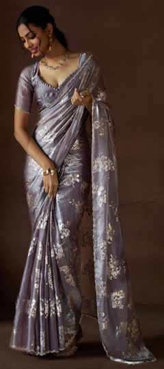 Purple and Violet color Saree in Satin Silk fabric with Printed, Stone work