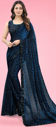 Blue color Saree in Lycra fabric with Sequence work