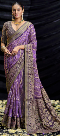 Purple and Violet color Saree in Silk fabric with Printed work