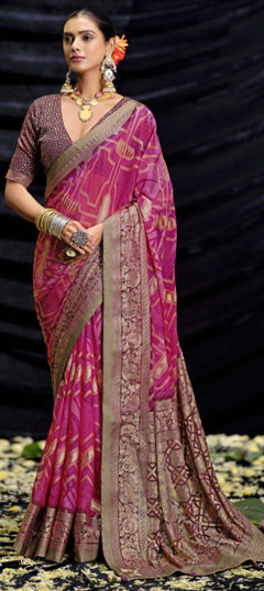 Pink and Majenta color Saree in Silk fabric with Printed work