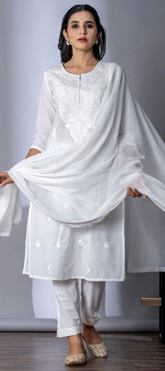 White and Off White color Salwar Kameez in Cotton fabric with Embroidered, Resham, Thread work