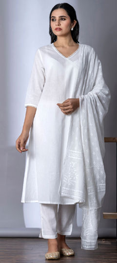 White and Off White color Salwar Kameez in Cotton fabric with Lace work