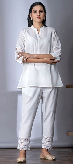 White and Off White color Co-ords Set in Cotton fabric with Thread work