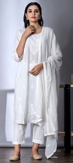 White and Off White color Salwar Kameez in Cotton fabric with Embroidered, Resham, Thread work