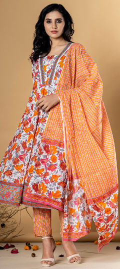 Orange color Salwar Kameez in Cotton fabric with Floral, Lace, Printed work