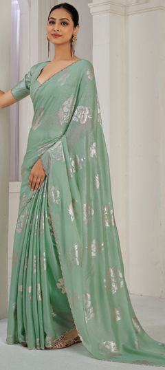 Green color Saree in Satin Silk fabric with Weaving work