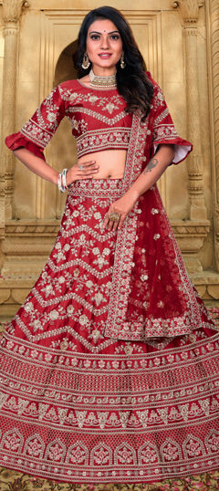 Red and Maroon color Lehenga in Satin Silk fabric with Embroidered, Sequence, Thread, Zari work