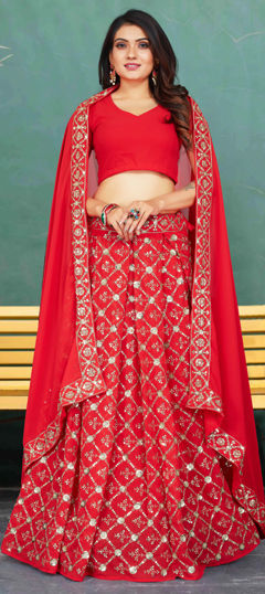 Red and Maroon color Lehenga in Georgette fabric with Embroidered, Sequence, Thread, Zari work