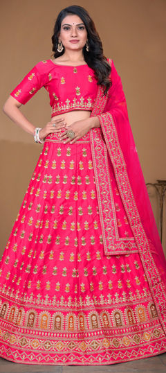 Pink and Majenta color Lehenga in Satin Silk fabric with Embroidered, Sequence, Thread, Zari work