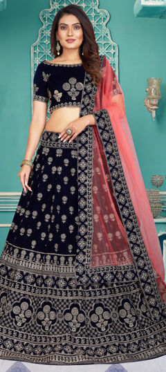 Blue color Lehenga in Velvet fabric with Embroidered, Sequence, Thread, Zari work