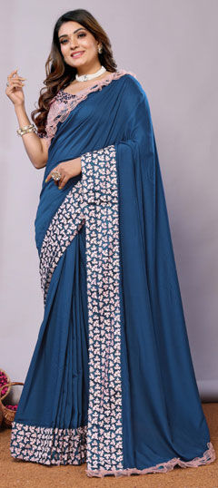 Blue color Saree in Georgette fabric with Embroidered, Thread work