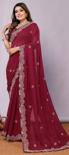 Red and Maroon color Saree in Georgette fabric with Embroidered, Thread work