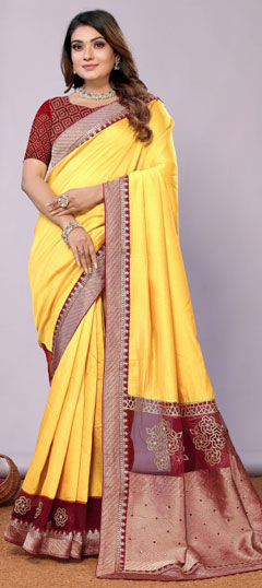 Yellow color Saree in Georgette fabric with Appliques, Embroidered, Sequence, Thread work