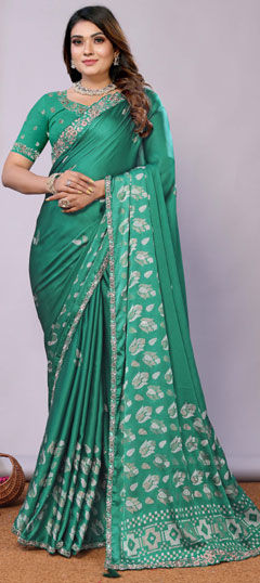 Green color Saree in Silk fabric with Sequence, Stone, Thread, Zari work