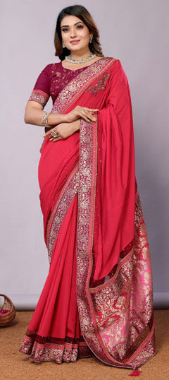 Pink and Majenta color Saree in Georgette fabric with Embroidered, Thread, Zari work