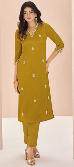 Yellow color Salwar Kameez in Silk fabric with Bugle Beads, Cut Dana work