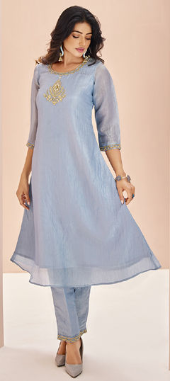 Blue color Salwar Kameez in Organza Silk fabric with Bugle Beads, Cut Dana, Zardozi work