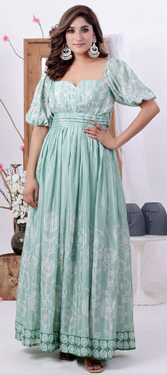 Green color Gown in Polyester Silk fabric with Printed work