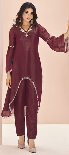 Red and Maroon color Salwar Kameez in Organza Silk fabric with Bugle Beads, Sequence work