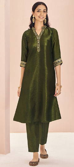 Green color Salwar Kameez in Organza Silk fabric with Bugle Beads, Cut Dana work