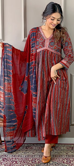 Red and Maroon color Salwar Kameez in Cotton fabric with Embroidered, Printed, Thread work