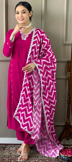 Pink and Majenta color Salwar Kameez in Viscose fabric with Lace work