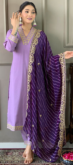 Purple and Violet color Salwar Kameez in Viscose fabric with Embroidered, Sequence, Thread work