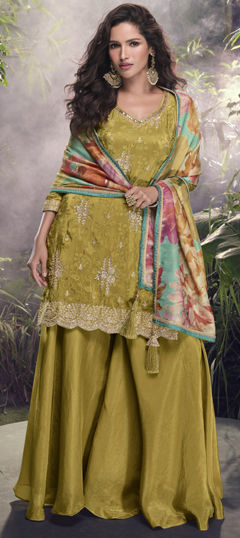 Yellow color Salwar Kameez in Silk fabric with Embroidered, Sequence, Thread work