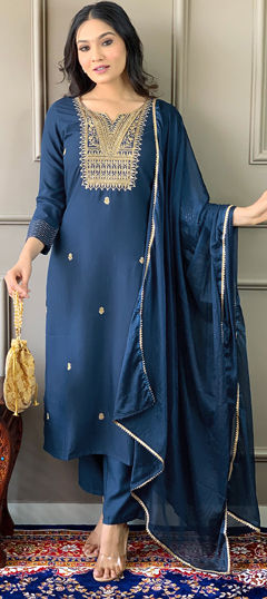 Blue color Salwar Kameez in Rayon fabric with Embroidered, Sequence, Thread, Zari work