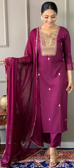 Pink and Majenta color Salwar Kameez in Rayon fabric with Embroidered, Sequence, Thread, Zari work