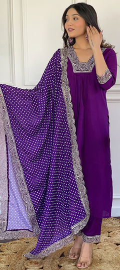 Purple and Violet color Salwar Kameez in Viscose fabric with Embroidered, Sequence, Thread, Zari work