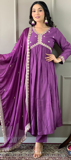 Purple and Violet color Salwar Kameez in Viscose fabric with Embroidered, Sequence, Thread, Zari work